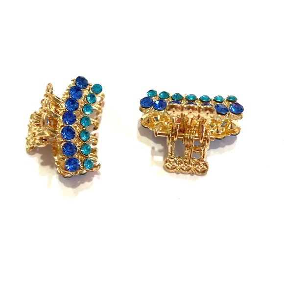 Jaw Clips Set Of 2 Gold Tone With Blue Rhinestones Mini Hair Claws - Picture 4 of 4